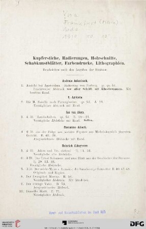 Kupferstiche, Radierungen, Holzschnitte, Schabkunstblätter, Farbendrucke, Lithographien (Nr. 1-2104)