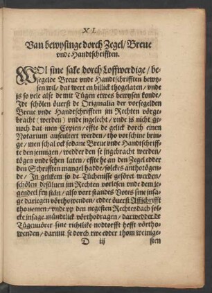 XI. Van bewysinge dorch Zegel/ Breue unde Handtschrifften.