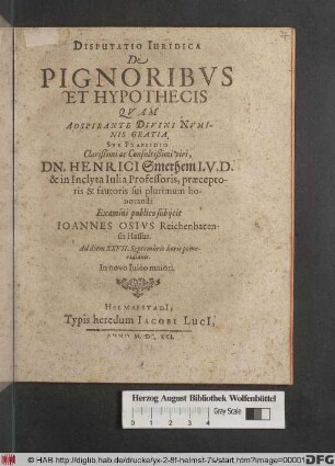 Disputatio Iuridica De Pignoribus Et Hypothecis