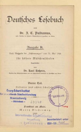 Teil 4 = Siebentes (und achtes) Schuljahr, [Schülerband]: [Teil 4 = Siebentes (und achtes) Schuljahr, [Schülerband]]