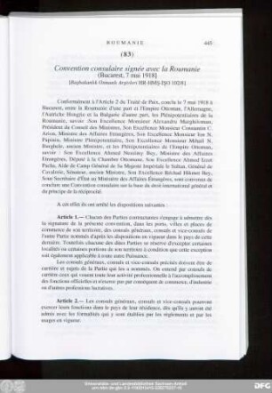 (83) Convention consulaire signée avec la Roumanie (Bucarest, 7 mai 1918]