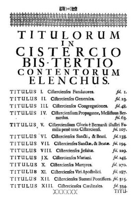 Titulorum In Cistercio Bis-Tertio Contentorum Elenchus