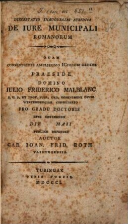 De iure municipali Romanorum : Diss. inaug. iur.