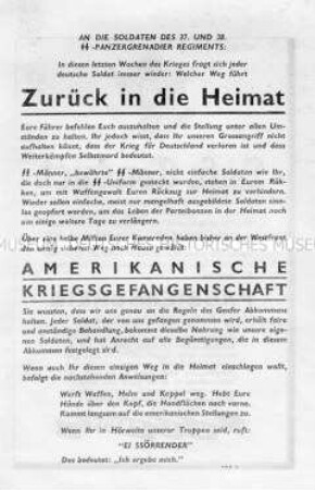 Abwurf-Flugblatt der Alliierten mit der Aufforderung zur Kapitulation und dem entsprechenden Passierschein