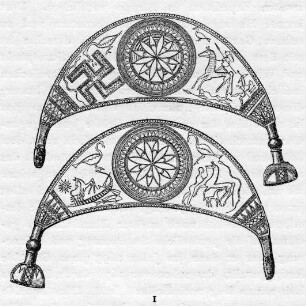 Halbmondförmige Fibel mit eingeritzten geometrischen Zeichnungen und Nadel