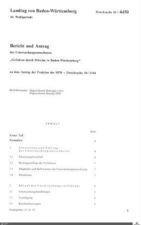 Bericht des Untersuchungsausschusses "Gefahren durch Dioxine"