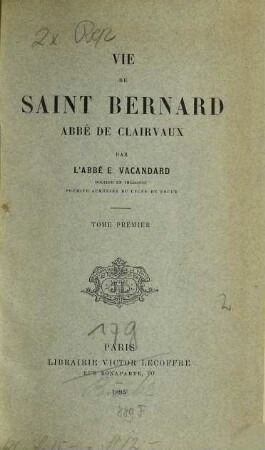 Vie de Saint Bernard Abbé de Clairvaux, 1