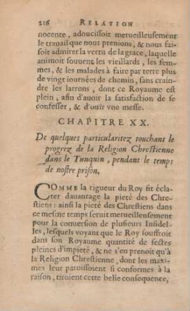 Chapitre XX. De quelques paritcularitez touchant le progrez de la Religion Chrestienne dans le Tunquin, pendant le temps de nostre prison