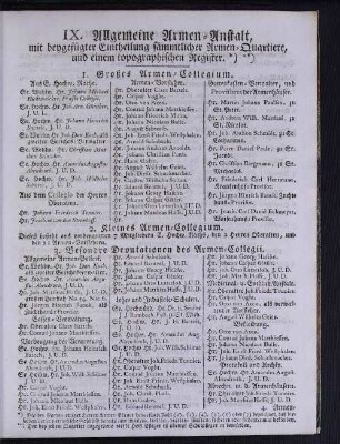 IX. Allgemeine Armen-Anstalt, mit beygefügter Eintheilung sämmtlicher Armen-Quartiere, und einem topographischen Register.