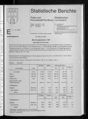 Bauhauptgewerbe 1995 Monatsübersicht November