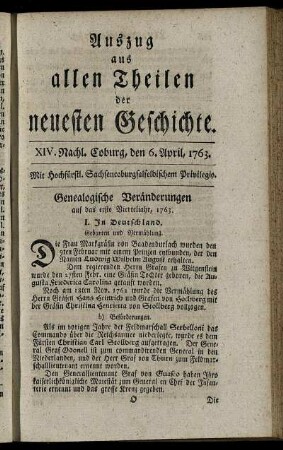 XIV. Nachl. Coburg, den 6. April, 1763.