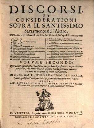Discorsi et considerationi sopra il santissimo sacramento dell'altare, 2. (1618). - 870 S.