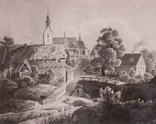 Dresden-Briesnitz. Blick auf die Kirche : Knothe, H.: Dresden-Briesnitz. Blick auf die Kirche mit Alter Schmiede und Brücke über den Borngraben. Sepiazeichnung