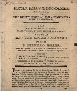 Historia sacra V. T. chronologice deducta ab orbe condito usque ad iacta fundamenta templi Salomonici