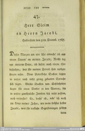43. Herr Gleim an Herrn Jacobi. Halberstadt den 5ten Decemb. 1767