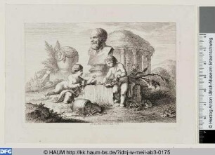 Zwei Genien vor der Büste Hippocrates, umgeben von Ringen, Lorbeerkränzen, Ehrenzeichen und Medaillen