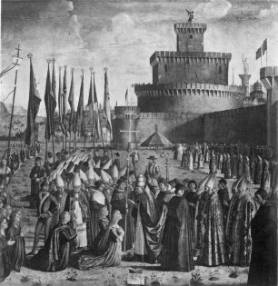 Legende der Heiligen Ursula: Ankunft der Heiligen mit ihrem Bräutigam in Rom Segnung durch den Papst Cyriakus