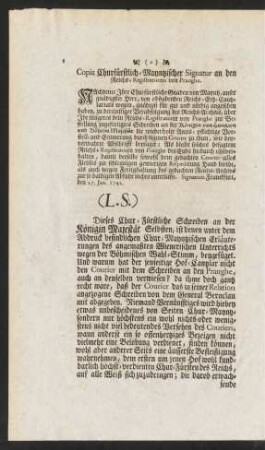 Copia Churfürstlich-Mayntzischer Signatur an den Reichs-Registratorem von Pranghe