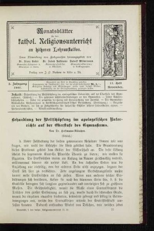 Behandlung der Weltschöpfung im apologetischen Unterrichte auf der Oberstufe des Gymnasiums : (Schluß)