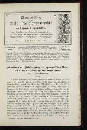 Behandlung der Weltschöpfung im apologetischen Unterrichte auf der Oberstufe des Gymnasiums : (Schluß)