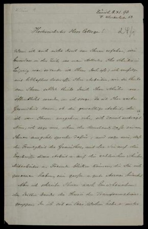 Nr. 13: Brief von Wilhelm Fiedler an Felix Klein, Zürich, 8.11.1893