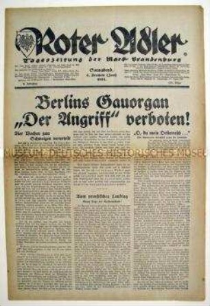 Regionale NSDAP-Tageszeitung "Roter Adler" zum erneuten Verbot der NS-Zeitung "Der Angriff" durch den Berliner Polizeipräsidenten
