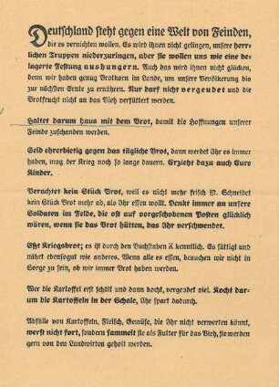 Flugblatt "Deutschland steht gegen eine Welt von Feinden..." Aufruf zum sparsamen Umgang mit Brot, ohne Hrsg.