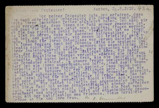 Nr. 43a: Postkarte von Otto Blumenthal an David Hilbert, Aachen, 30.8.1919