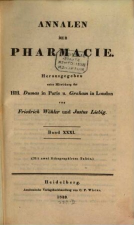 Annalen der Pharmacie. 31. 1839