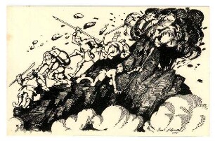 Postkarten mit humoristischen Zeichnungen aus dem Alpenkrieg, jeweils mit Zensurvermerk 06.12.1915: (Granateneinschlag)