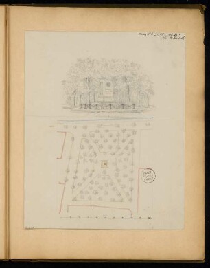 Gefallenendenkmal, Stendal Monatskonkurrenz März 1875: Lageplan 1:500, perspektivische Ansicht; Maßstabsleiste