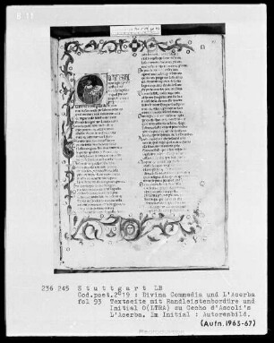 Dante, Divina Commedia und Cecco d'Ascoli, L'Acerba — Textseite mit zwei Illustrationen, Folio 93recto