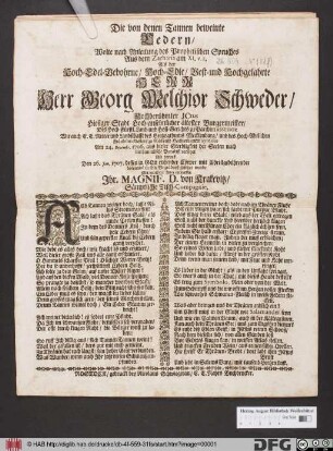 Die von denen Tannen beweinte Cedern/ Wolte nach Anleitung des Prophetischen Spruches Aus dem Zacharia am XI. v.2. Als der Hoch-Edel-Gebohrne ... Herr Georg Melchior Schweder ... Am 24. Decembr. 1706 aus dieser Sterbligkeit der Seelen nach ins himmlische Paradiß versetzet Und darauff Den 26. Jan. 1707. dessen in Gott ruhender Cörper mit Christgebührender Solennité in sein Begräbniß gesetzet wurde Mit betrübter Feder entwerffen Ihr Magnif. D. von Krakevitz/ Sämptliche Tisch-Compagnie