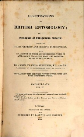 Illustrations of British entomology, or a synopsis of indigenous insects : containing their generic and specific distinctions ... ; embellished with coloured figures of the rarer and more interesting species, 1,4. Haustellata; 4