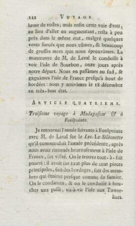 Article quatrieme. Troisieme voyage à Madagascar & à Foulpointe