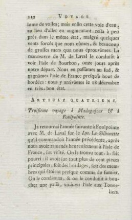 Article quatrieme. Troisieme voyage à Madagascar & à Foulpointe
