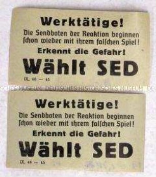 Klebezettel mit Wahlpropaganda der SED