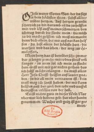 O Jesu warer Gottes Son/ der du sitzt || in dem höchsten thron/