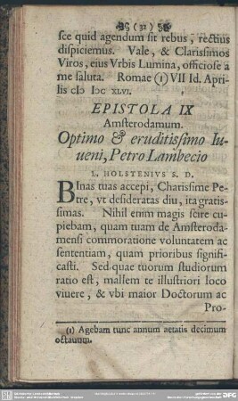 Epistola IX Amsterodamum. Optimo & eruditissimo Iuveni, Petro Lambecio L. Holstenius S. D.