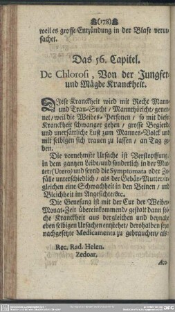 Das 56. Capitel. De Chlorosi, Von der Jungfer- und Mägde Kranckheit