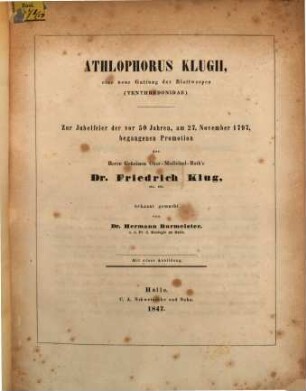 Athlophorus Klugii, eine neue Gattung der Blattwespen (Tenthredonidae)