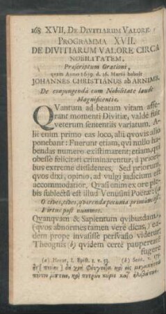 Programma XVII. De Divitiarum Valore Circa Nobilitatem