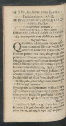 Programma XVII. De Divitiarum Valore Circa Nobilitatem