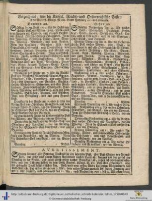 Verzeichnuß/ wie die Kayserl. Reichs- und Oesterreichische Posten in der Kayerl. Königl. V. Oe. Stadt Freyburg ein- und ablauffen.