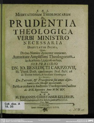 1: Meditationum theologicarum de prudentia theologica verbi ministro necessaria disputatio ...