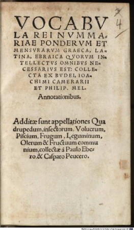 Vocabvla Rei Nvmmariae Pondervm Et Mensvrarvm Graeca, Latina, Ebraica Qvorvm Intellectvs Omnibus Necessarivs Est : Collecta Ex Bvdaei, Ioachimi Camerarii Et Philip. Mel. Annotationibus ; Additae sunt appellationes Quadrupedum, insectorum, Volucrum ...
