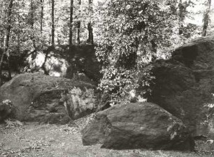 Mittelsächsisches Bergland. Cordieritgneisblöcke in Mittweida. Garten des ehemaligen Technikums