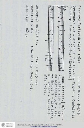 Ouvertur. a Viola d'Amour 2 Violin. Viola Fagoto e Cembalo di Christoph / Graupner.