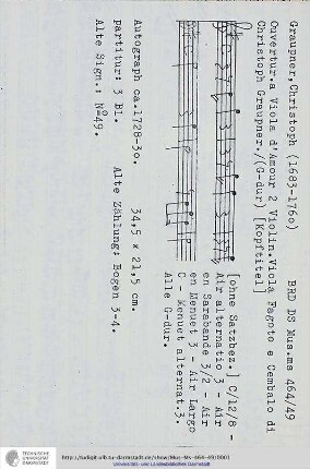 Ouvertur. a Viola d'Amour 2 Violin. Viola Fagoto e Cembalo di Christoph / Graupner.