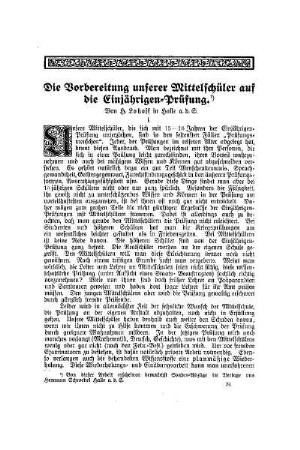 Die Vorbereitung unserer Mittelschüler auf die Einjährigen-Prüfung